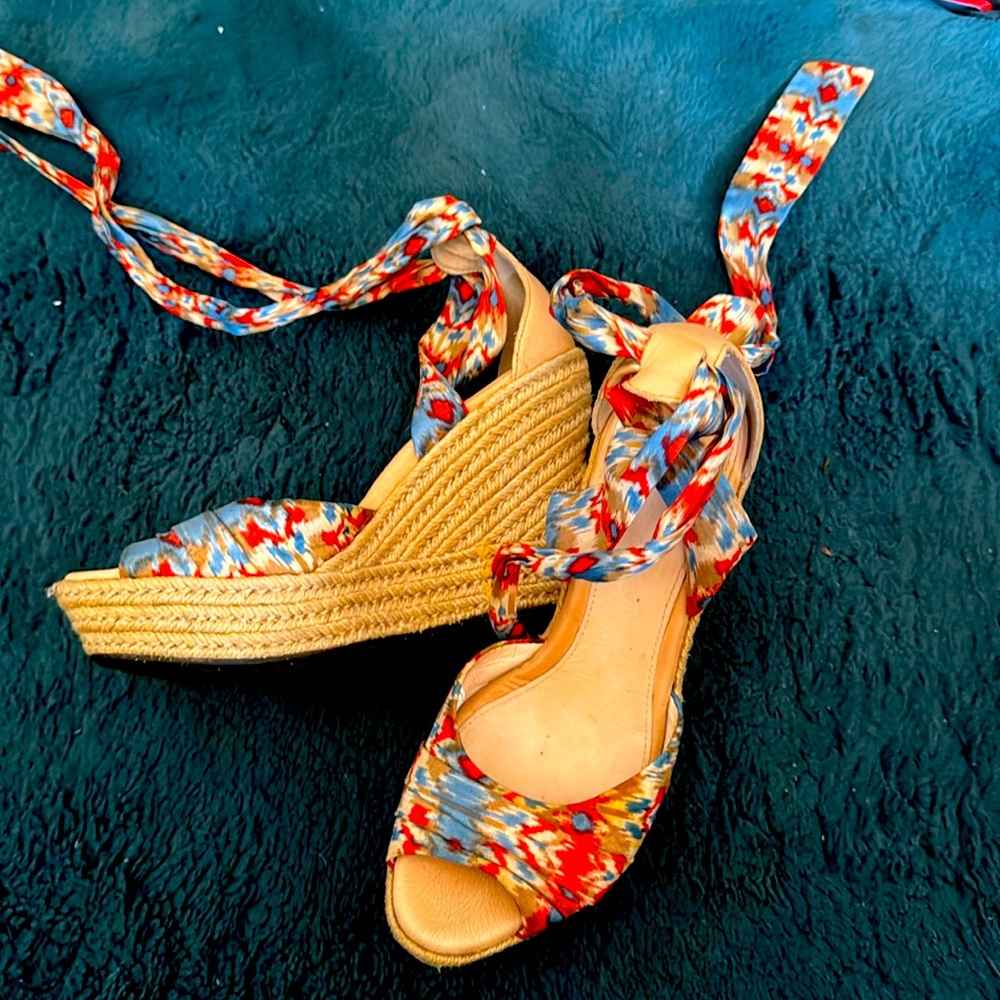 Ruffia ankle wrap sandal wedges